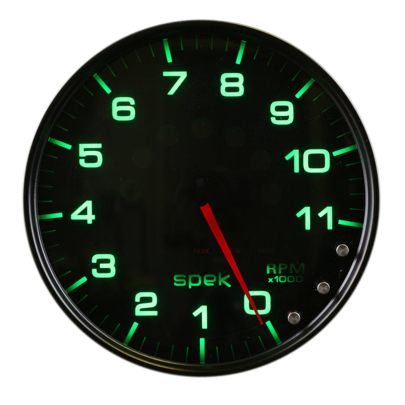 مقياس سرعة الدوران Autometer Spek-Pro مقاس 5 بوصات و11 ألف دورة في الدقيقة مع ضوء ناقل الحركة وذاكرة الذروة باللون الأسود/الدخاني/الأسود
