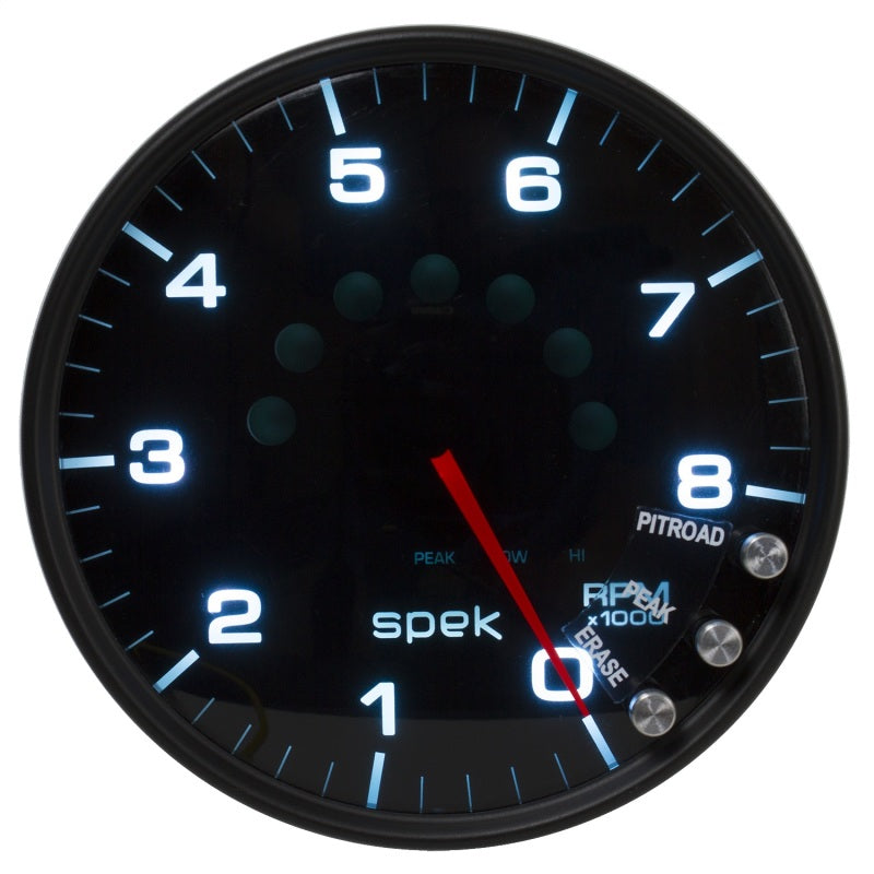 مقياس سرعة الدوران Autometer Spek-Pro مقاس 5 بوصات و8 آلاف دورة في الدقيقة مع ضوء ناقل الحركة وذاكرة الذروة باللون الأسود/الدخاني/الأسود