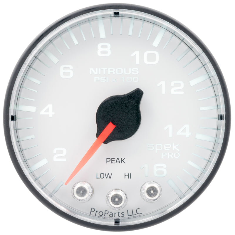محرك متدرج من أوتوميتر Spek-Pro 2 بقياس 1/16 بوصة وقوة 1600 رطل/بوصة مربعة مع مقياس ضغط النيتروز Peak &amp; Warn باللونين الأبيض والأسود