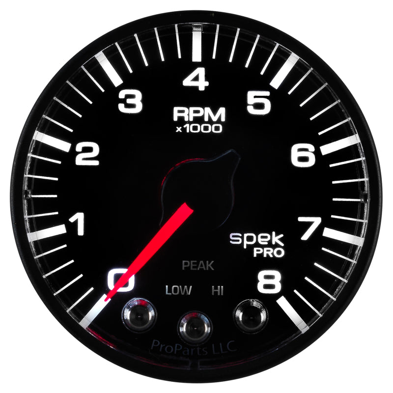 مقياس سرعة الدوران Spek-Pro Black مقاس 2 1/16 بوصة و8K RPM مع ضوء ناقل الحركة وذاكرة الذروة