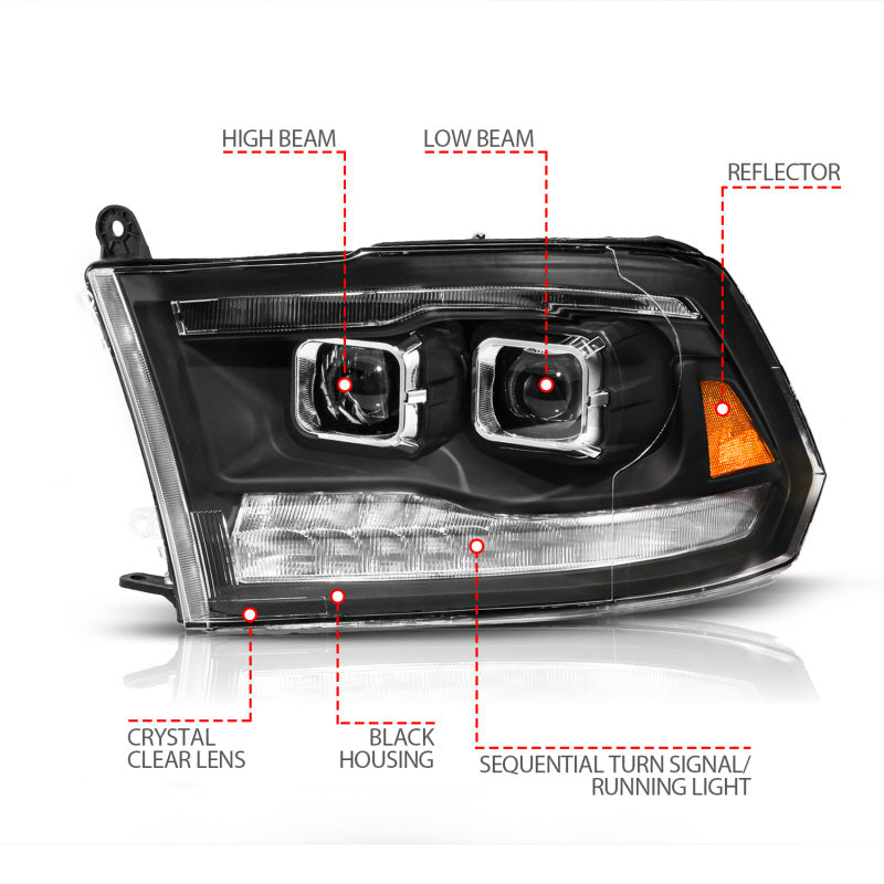 ANZO 09-19 Dodge RAM 1500 / 10-18 2500/3500 LED Proj Headlights SeqSig Black - Pair