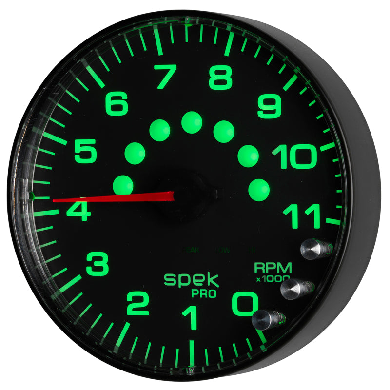 مقياس سرعة الدوران Autometer Spek-Pro، 5 بوصات، 11 ألف دورة في الدقيقة، مع ضوء ناقل الحركة وذاكرة الذروة، أسود/أسود