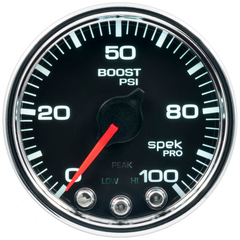 محرك متدرج Autometer Spek-Pro Gauge Boost 2 1/16 بوصة 100 رطل لكل بوصة مربعة مع ذروة وتحذير أسود/كروم