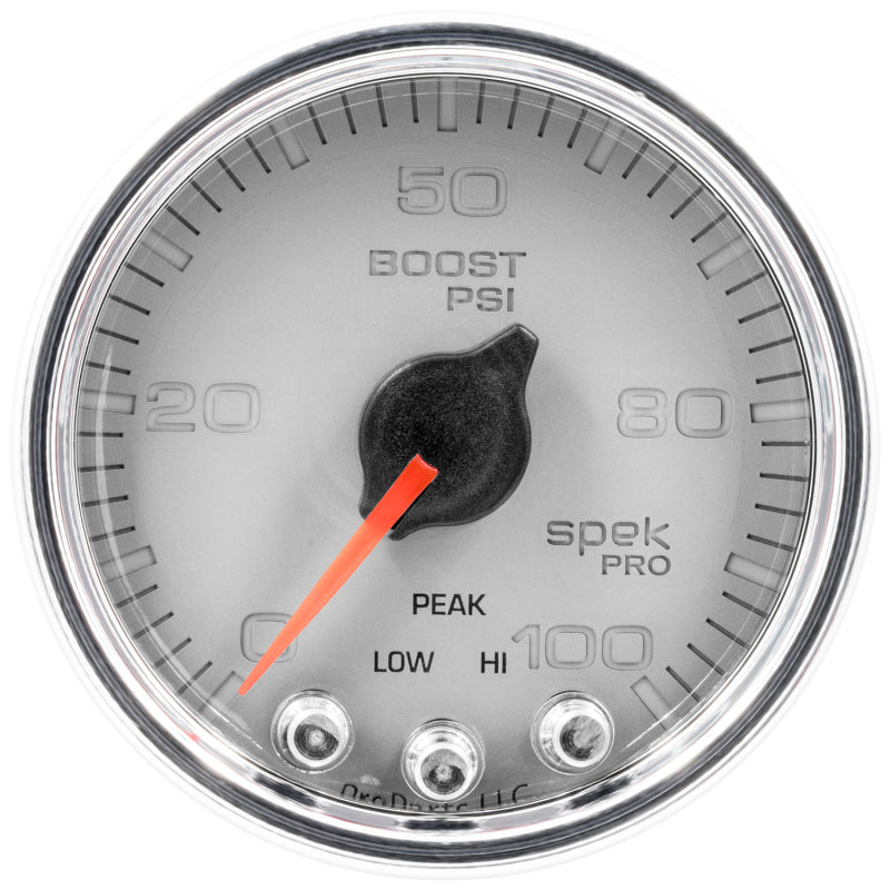 محرك متدرج Autometer Spek-Pro Gauge Boost 2 1/16 بوصة 100 رطل لكل بوصة مربعة مع ذروة وتحذير فضي/كروم
