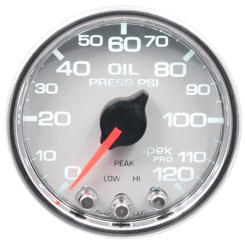 محرك متدرج رقمي من Autometer Spek-Pro مقاس 2-1/16 بوصة، 0-120 رطل/بوصة مربعة، مع مقياس ضغط الزيت Peak &amp; Warn