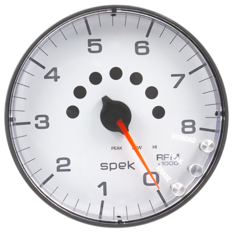 مقياس سرعة الدوران Autometer Spek-Pro مقاس 5 بوصات و8 آلاف دورة في الدقيقة مع ضوء ناقل الحركة وذاكرة الذروة، أبيض/أسود