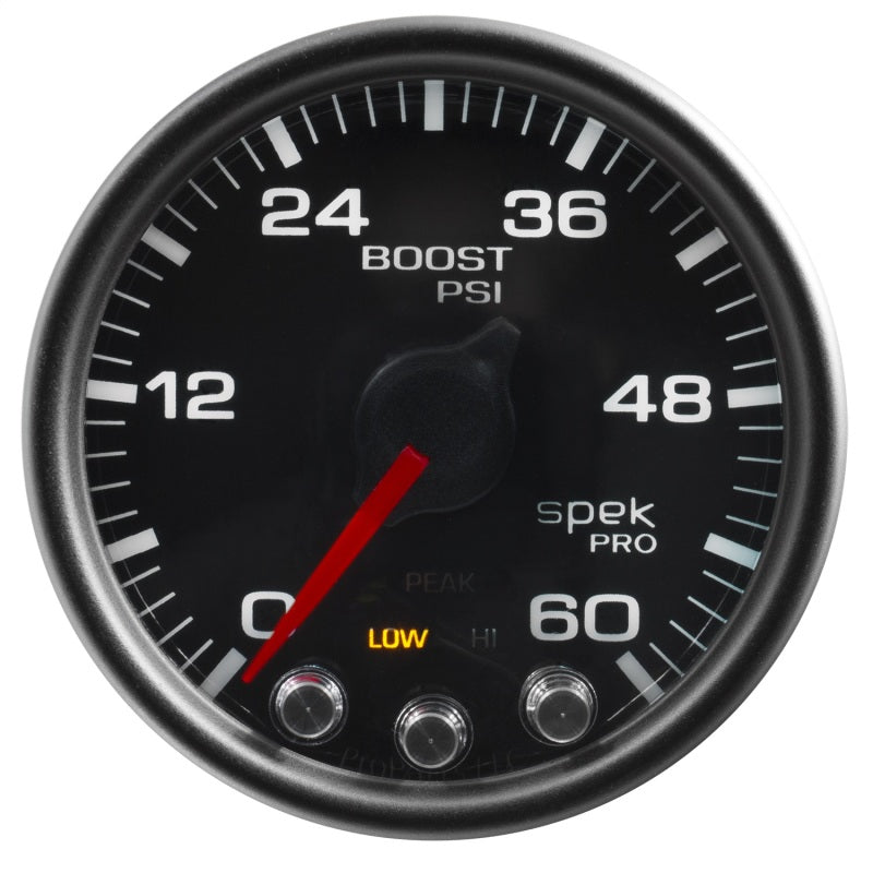 محرك متدرج Autometer Spek-Pro Gauge Boost 2 1/16 بوصة 60 رطل لكل بوصة مربعة مع ذروة وتحذير أسود/أسود