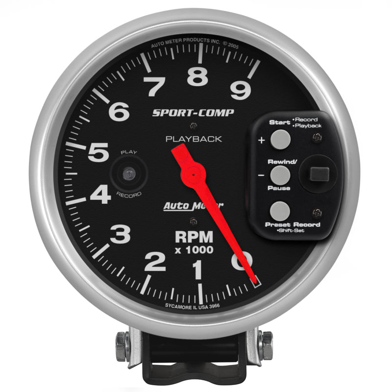 عداد سرعة الدوران Autometer Sport-Comp مقاس 5 بوصات، 9000 دورة في الدقيقة، مثبت على قاعدة، مع خاصية تشغيل دورات المحرك في الدقيقة