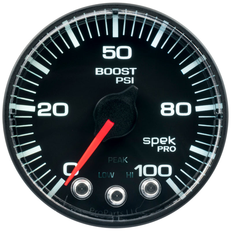 محرك متدرج Autometer Spek-Pro Gauge Boost 2 1/16 بوصة 100 رطل لكل بوصة مربعة مع ذروة وتحذير أسود/أسود