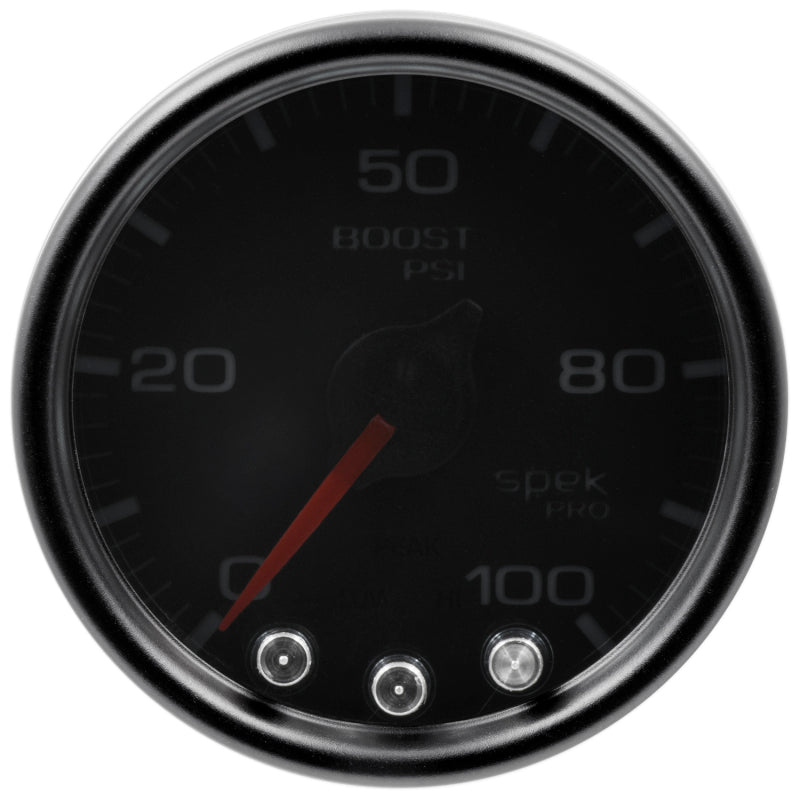 محرك متدرج Autometer Spek-Pro Gauge Boost 2 1/16 بوصة 100 رطل لكل بوصة مربعة مع ذروة وتحذير أسود/دخاني/أسود
