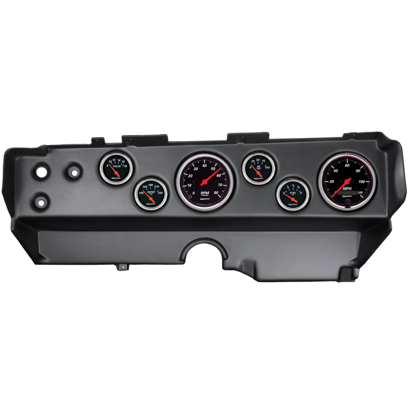طقم لوحة القيادة Autometer Designer Black 70-74 E-Body/Cuda/Challenger، 6 قطع، عداد سرعة الدوران/ميل في الساعة/الوقود/الزيت/WTMP/الفولت