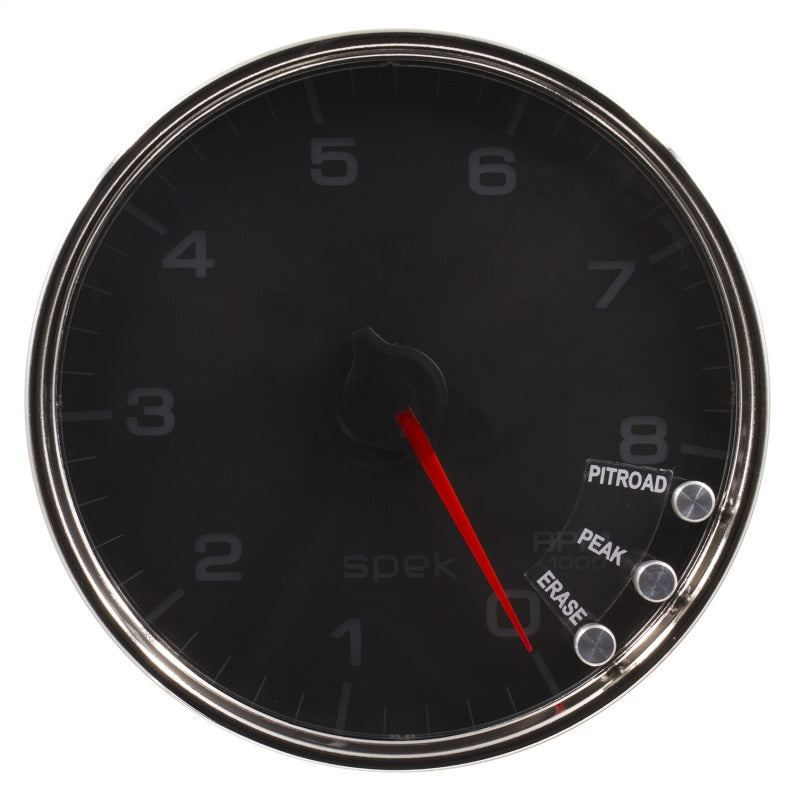 مقياس سرعة الدوران Autometer Spek-Pro مقاس 5 بوصات و8 آلاف دورة في الدقيقة مع ضوء ناقل الحركة وذاكرة الذروة باللون الأسود/الكروم