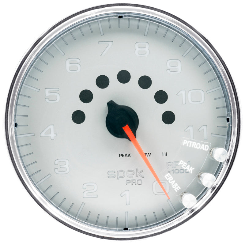 مقياس سرعة الدوران Autometer Spek-Pro، 5 بوصات، 11 ألف دورة في الدقيقة، مع ضوء ناقل الحركة وذاكرة الذروة، فضي/كروم
