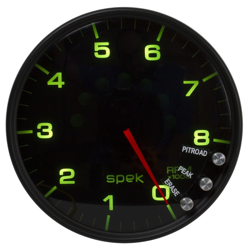 مقياس سرعة الدوران Autometer Spek-Pro مقاس 5 بوصات و8 آلاف دورة في الدقيقة مع ضوء ناقل الحركة وذاكرة الذروة باللون الأسود/الدخاني/الأسود
