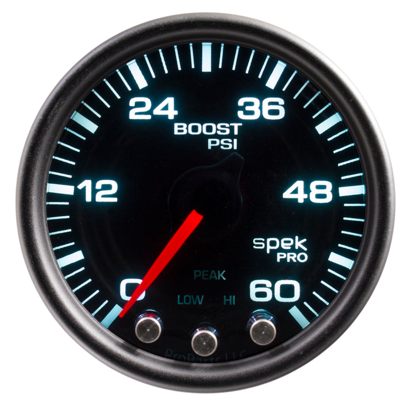 محرك متدرج Autometer Spek-Pro Gauge Boost 2 1/16 بوصة 60 رطل لكل بوصة مربعة مع ذروة وتحذير أسود/دخاني/أسود