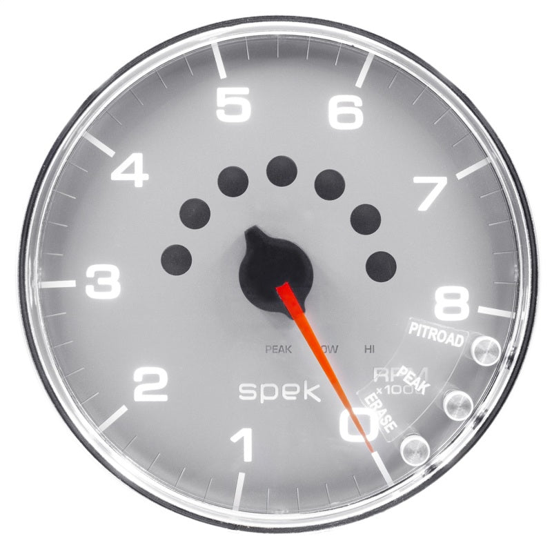 مقياس سرعة الدوران Autometer Spek-Pro مقاس 5 بوصات و8000 دورة في الدقيقة مع ضوء ناقل الحركة وذاكرة الذروة باللون الفضي/الكروم