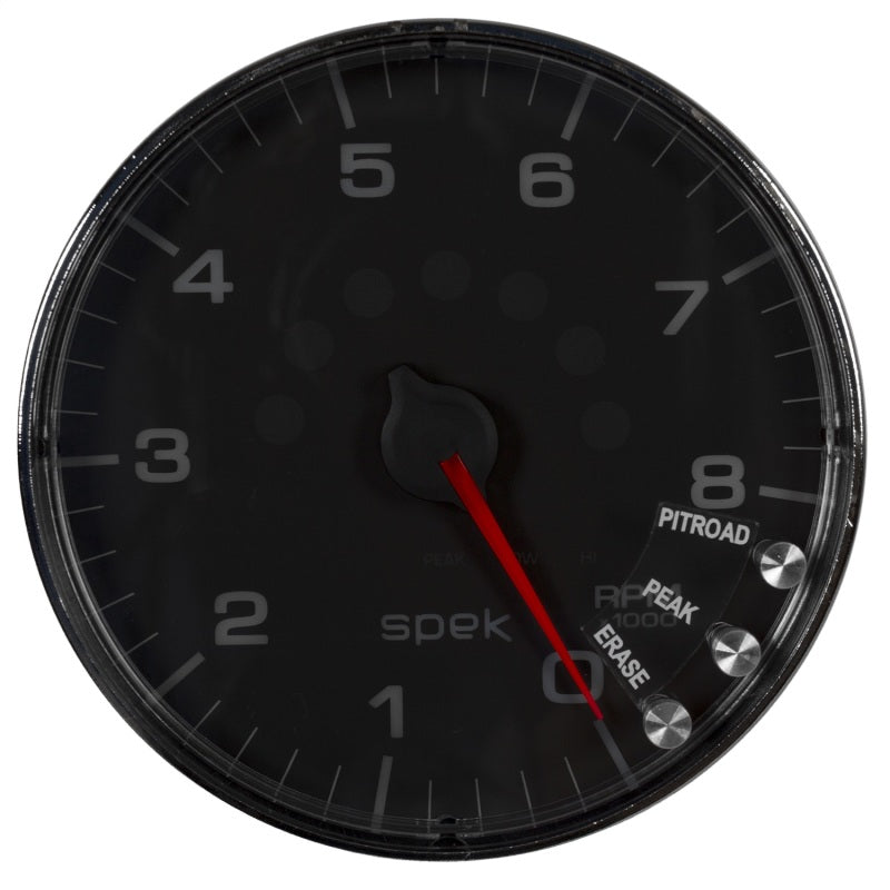 مقياس سرعة الدوران Autometer Spek-Pro مقاس 5 بوصات و8 آلاف دورة في الدقيقة مع ضوء ناقل الحركة وذاكرة الذروة باللون الأسود/الكروم