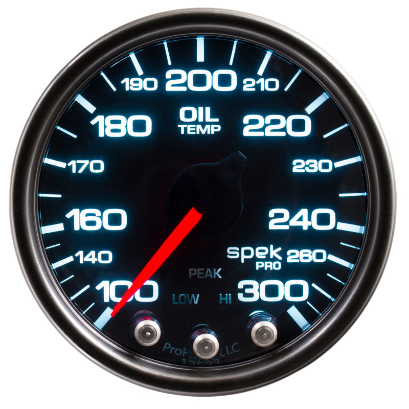 مقياس درجة حرارة الزيت من Autometer Spek-Pro، محرك متدرج 2 1/16 بوصة 300f مع ذروة وتحذير، أسود/دخاني/أسود