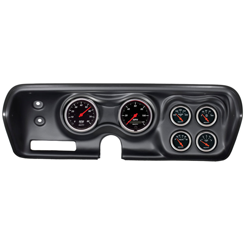 طقم لوحة القيادة Autometer Designer Black 71-74 Charger/ GTX/ Road Runner، 6 قطع، عداد السرعة/الميل في الساعة/الوقود/الزيت/WTMP/الفولت