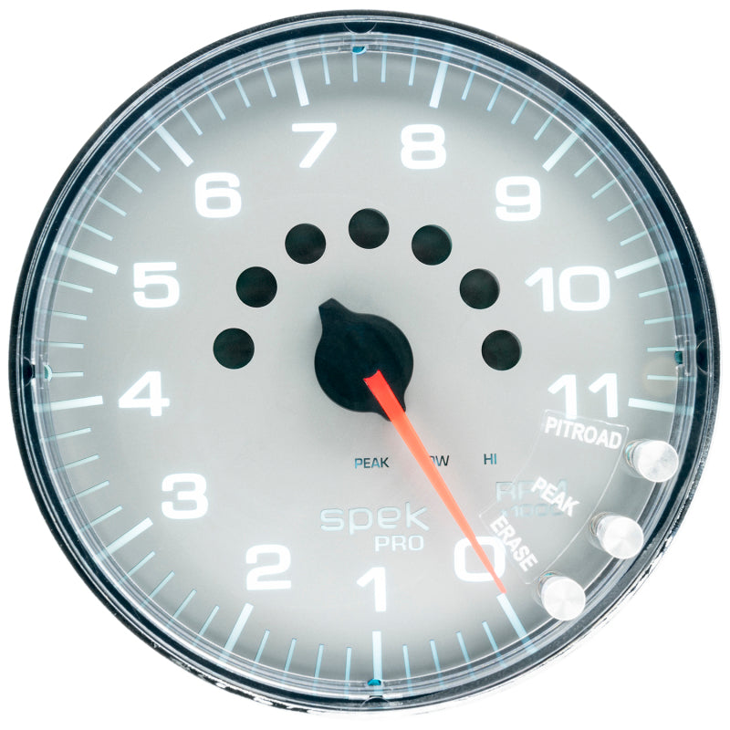 مقياس سرعة الدوران Autometer Spek-Pro، 5 بوصات، 11 ألف دورة في الدقيقة، مع ضوء ناقل الحركة وذاكرة الذروة، فضي/كروم