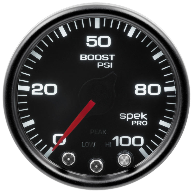 محرك متدرج Autometer Spek-Pro Gauge Boost 2 1/16 بوصة 100 رطل لكل بوصة مربعة مع ذروة وتحذير أسود/دخاني/أسود