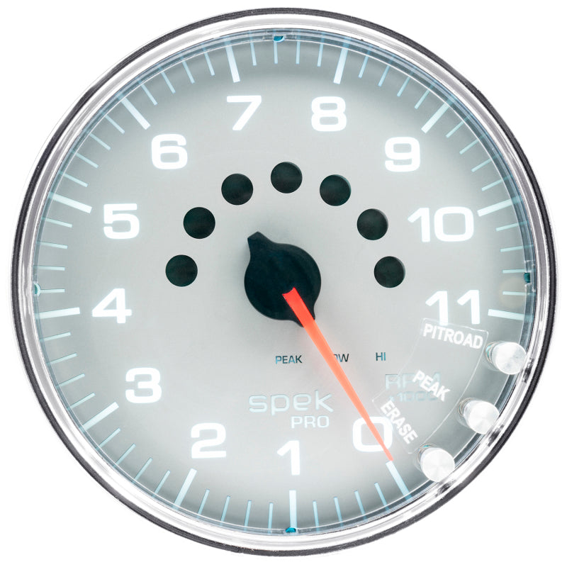 مقياس سرعة الدوران Autometer Spek-Pro، 5 بوصات، 11 ألف دورة في الدقيقة، مع ضوء ناقل الحركة وذاكرة الذروة، فضي/كروم