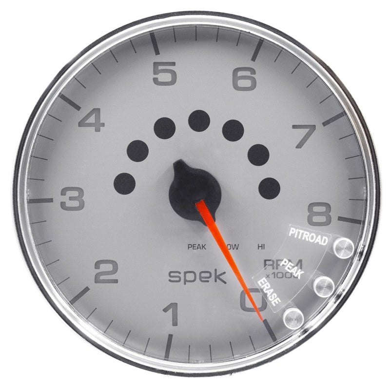 مقياس سرعة الدوران Autometer Spek-Pro مقاس 5 بوصات و8000 دورة في الدقيقة مع ضوء ناقل الحركة وذاكرة الذروة باللون الفضي/الكروم