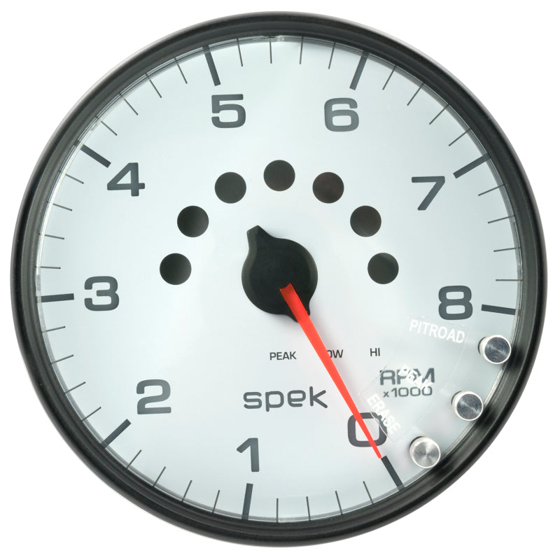 مقياس سرعة الدوران Autometer Spek-Pro مقاس 5 بوصات و8 آلاف دورة في الدقيقة مع ضوء ناقل الحركة وذاكرة الذروة، أبيض/أسود