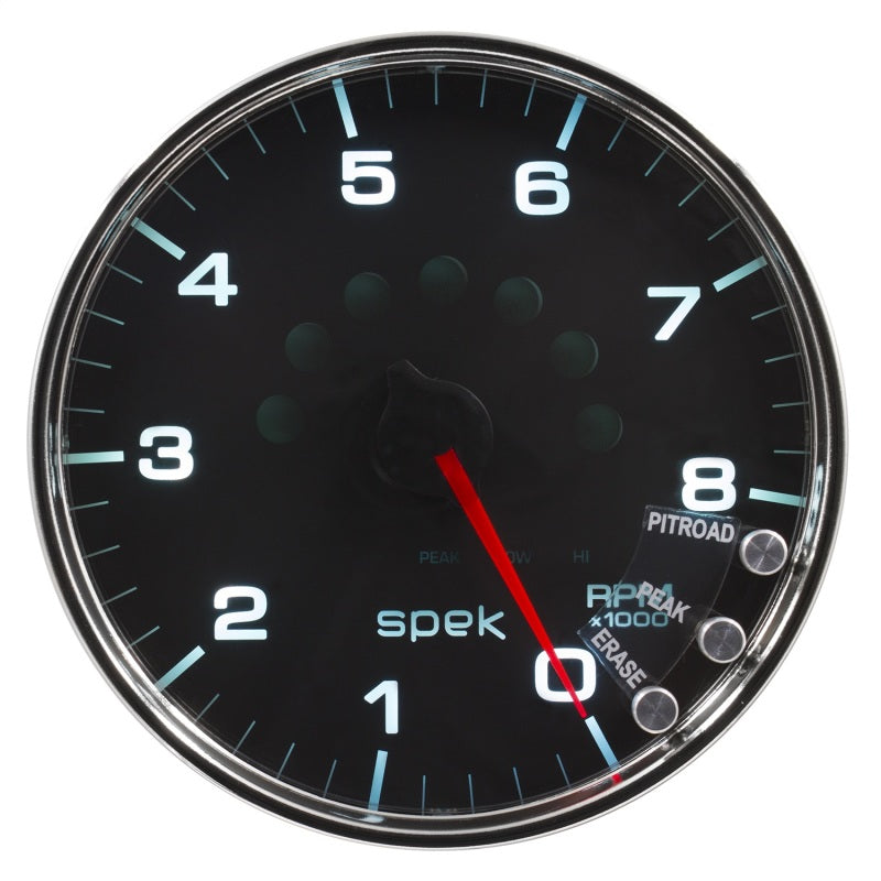 مقياس سرعة الدوران Autometer Spek-Pro مقاس 5 بوصات و8 آلاف دورة في الدقيقة مع ضوء ناقل الحركة وذاكرة الذروة باللون الأسود/الكروم