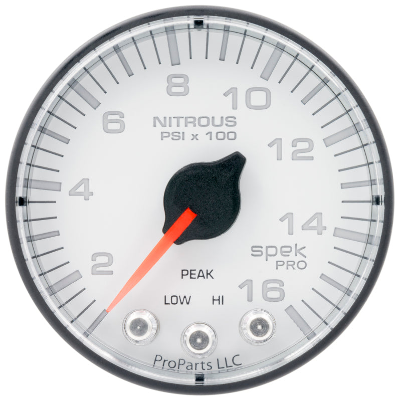 محرك متدرج من أوتوميتر Spek-Pro 2 بقياس 1/16 بوصة وقوة 1600 رطل/بوصة مربعة مع مقياس ضغط النيتروز Peak &amp; Warn باللونين الأبيض والأسود