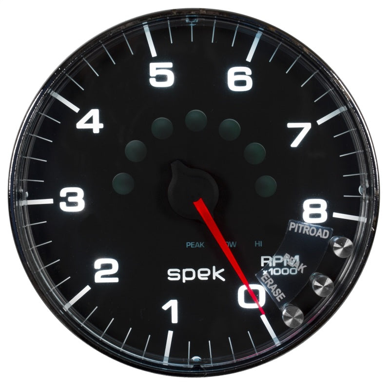 مقياس سرعة الدوران Autometer Spek-Pro مقاس 5 بوصات و8 آلاف دورة في الدقيقة مع ضوء ناقل الحركة وذاكرة الذروة باللون الأسود/الكروم