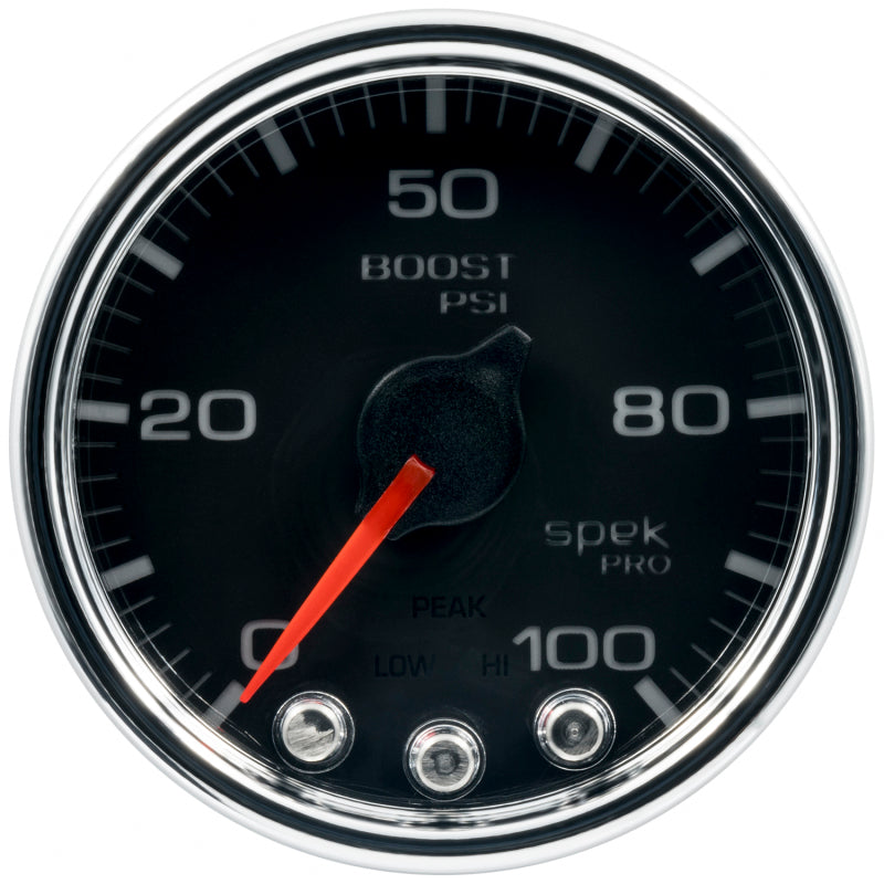 محرك متدرج Autometer Spek-Pro Gauge Boost 2 1/16 بوصة 100 رطل لكل بوصة مربعة مع ذروة وتحذير أسود/كروم