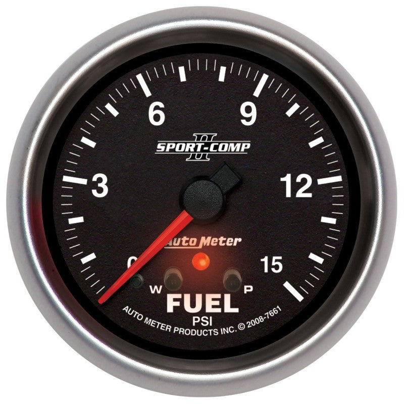 مقياس ضغط الوقود Autometer Sport-Comp II بمحرك متدرج 2 5/8 بوصة 15 رطل لكل بوصة مربعة مع ذروة وتحذير
