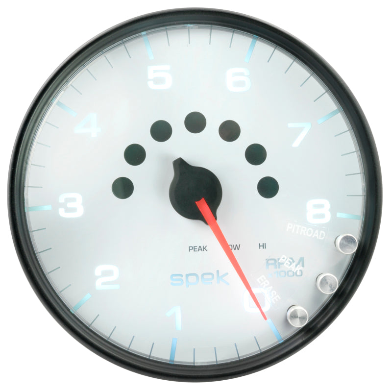 مقياس سرعة الدوران Autometer Spek-Pro مقاس 5 بوصات و8 آلاف دورة في الدقيقة مع ضوء ناقل الحركة وذاكرة الذروة، أبيض/أسود